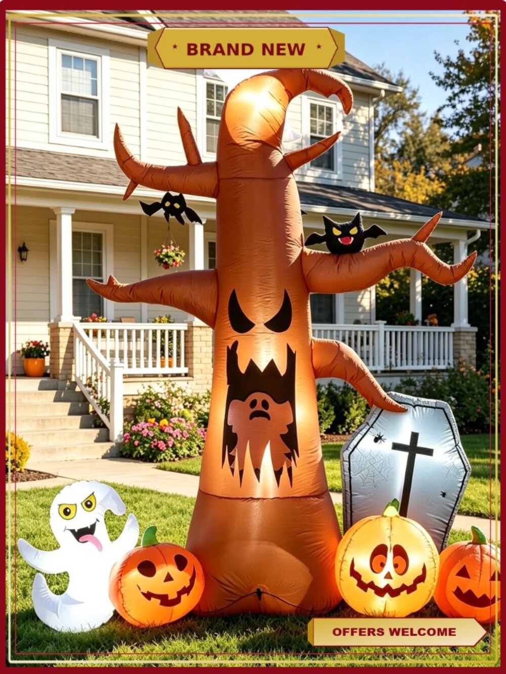8 ft Halloween Inflatable Dead Tree with Ghosts Pumpkins Tombstone Bat LED